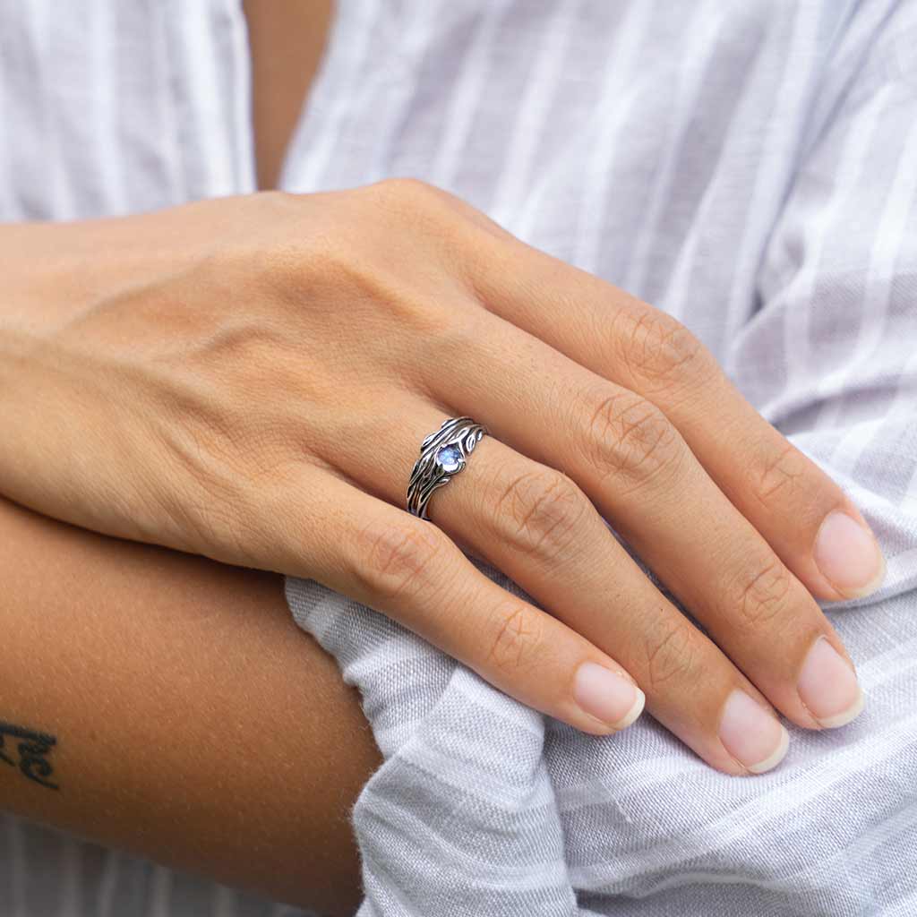 blue moonstone stacking ring set on hand