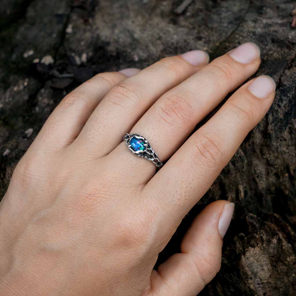 blue opal unisex solid sterling silver jewelry on her hand