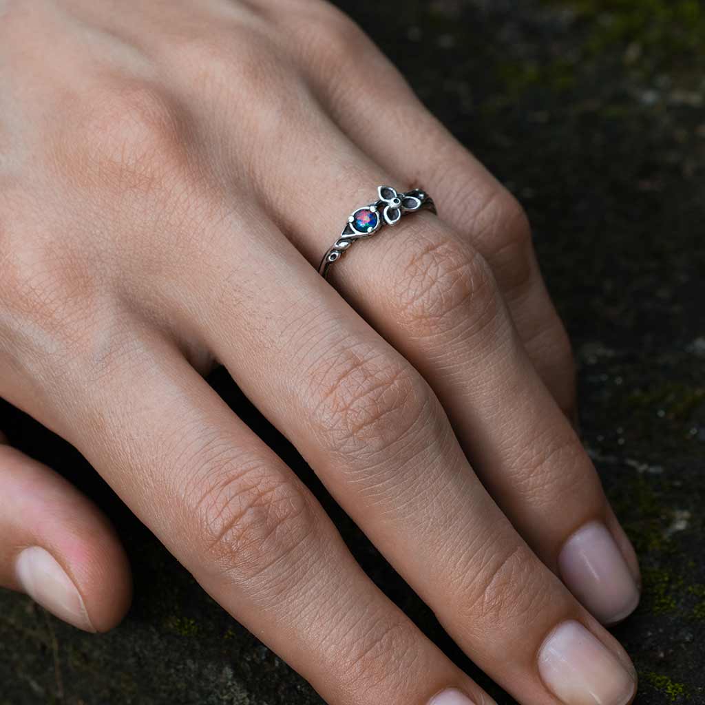 dainty branch sterling silver opal ring on hand