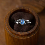 nature theme leaf engagement ring with sterling silver in wooden box