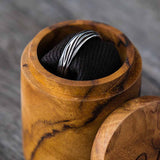 original design mens wedding band in natural teak wood box