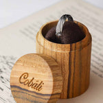 original design mens wedding band in natural teak wood box