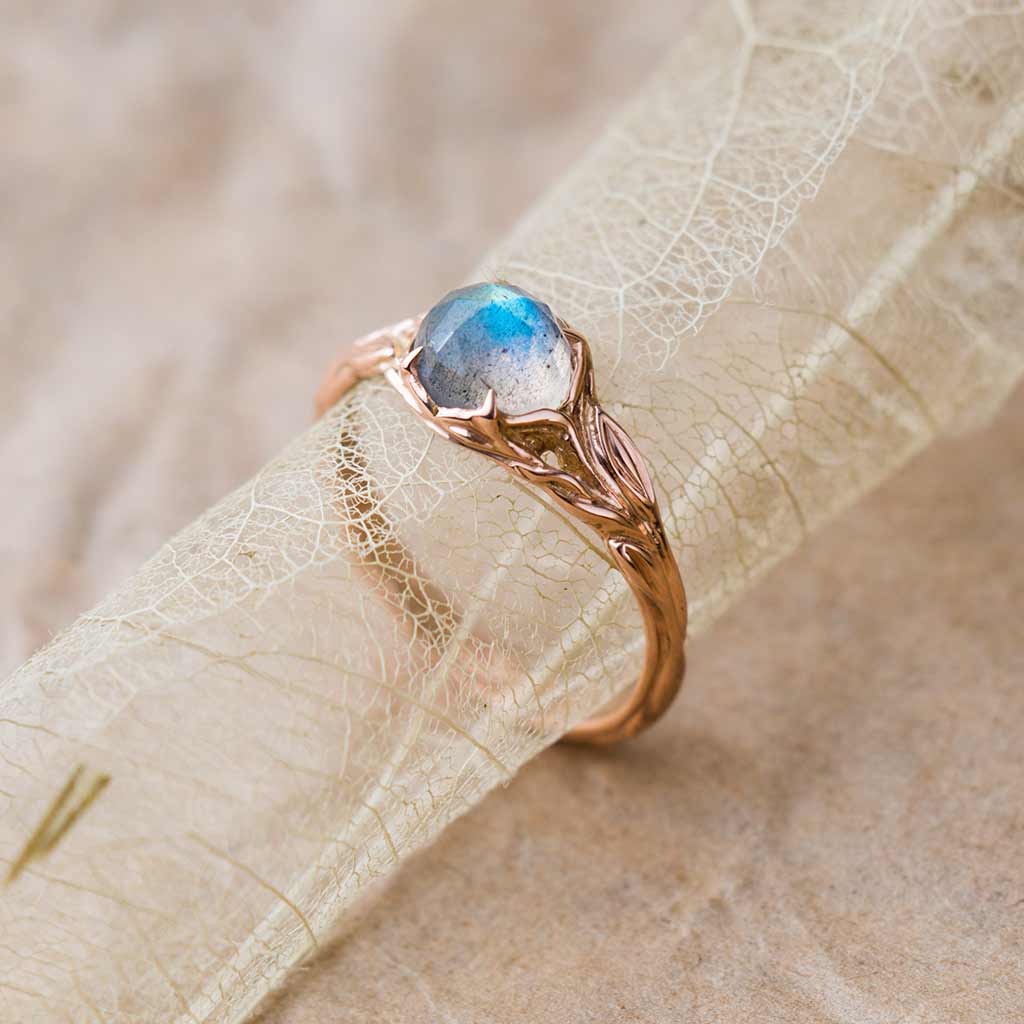 rose gold labradorite engagement ring leaf ring