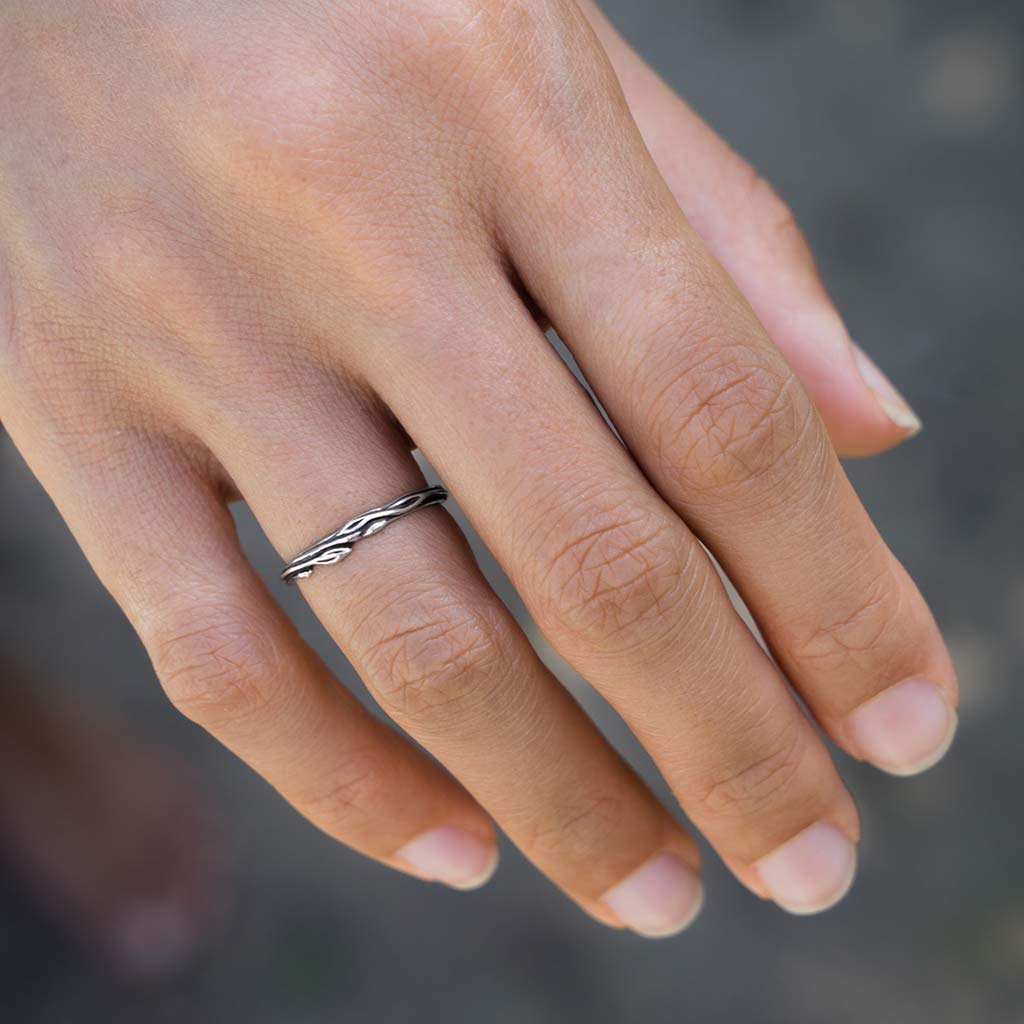 womens twig sterling silver wedding band on hand